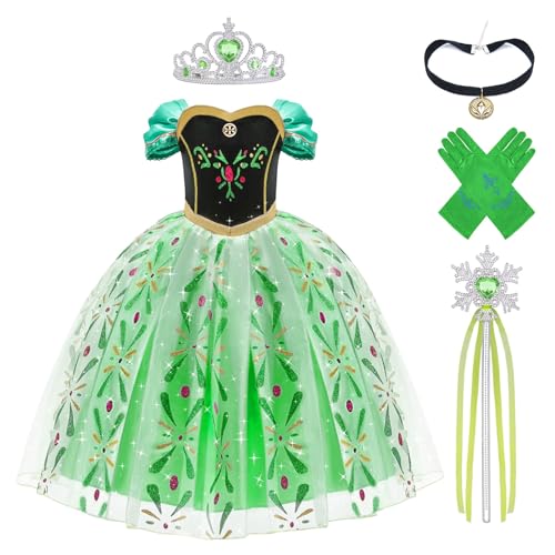 Aomig ELSA Kostüm Kinder Mädchen, 5 teiliges Anna Kleid Kinder mit Krone Diadem Handschuhe Zauberstab, Girls Frozen Princess Costume Weihnachten Verkleidung Karneval Halloween Geburtstag Party (140cm) von Aomig