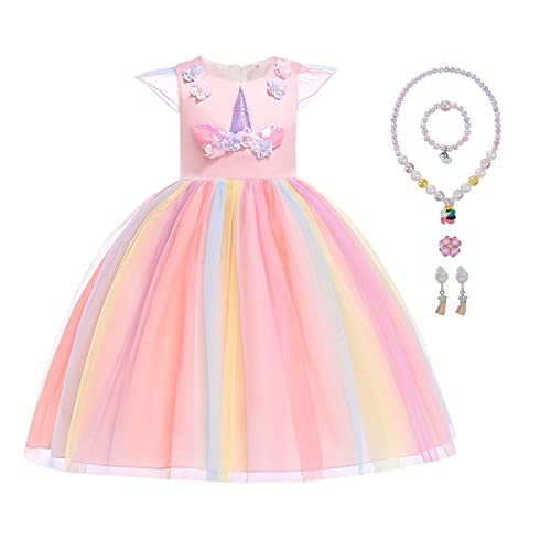 Aomig Einhorn Kostüm Mädchen, Einhorn Prinzessin Kleid, Cosplay Karneval Verkleidung Party Hochzeit Prinzessin Kleid mit Halskette Armband Ohrringe Ringe von Aomig