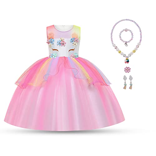 Aomig Einhorn Kostüm Mädchen, Einhorn Prinzessin Kleid, Cosplay Karneval Verkleidung Party Hochzeit Prinzessin Kleid mit Halskette Armband Ohrringe Ringe von Aomig