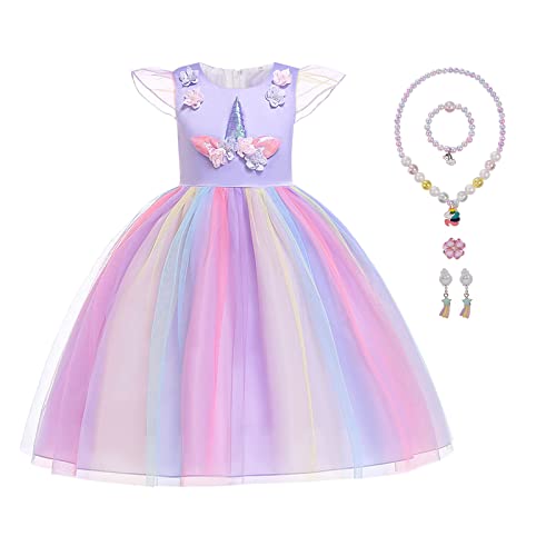 Aomig Einhorn Kostüm Mädchen, Einhorn Prinzessin Kleid, Cosplay Karneval Verkleidung Party Hochzeit Prinzessin Kleid mit Halskette Armband Ohrringe Ringe von Aomig