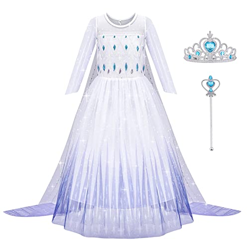 Aomig ELSA Kostüm Kinder Mädchen, ELSA Kleid Kinder mit Krone Zauberstab für Verkleidung Karneval Halloween Weihnachten Geburtstag (140) von Aomig