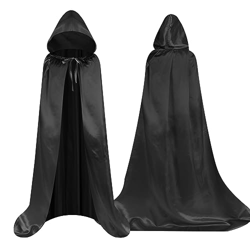 Aomig Schwarzer Umhang Vampir Umhang Jedi Mantel Mittelalter Umhang Kapuze Erwachsene Unisex Scream Kinder Cape Kostüm Damen Halloween Costume Maskerade Familienfeier Herren Karneval Cosplay (150cm) von Aomig