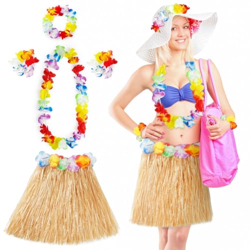 Aomig Hawaii Mottoparty Kostüme Set Rock, Hawaiian Gras Hula Rock Sets, 40cm Lange Hawaiianischer Grasrock mit Halskette Armbänder Haarblume Grasröcke für Cheerleading Strand Party Ostern(Strohfarbe) von Aomig