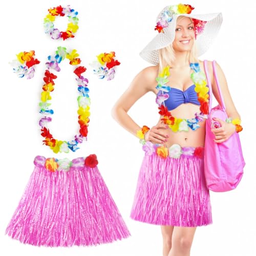 Aomig Hawaii Mottoparty Kostüme Set Rock, Hawaiian Gras Hula Rock Sets, 40cm Lange Hawaiianischer Grasrock mit Halskette Armbänder Haarblume Grasröcke für Cheerleading Strand Partys Ostern(Rosa) von Aomig