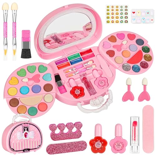 Aomig Kinderschminke Set Mädchen 29PCS Waschbar Kosmetikset 22 Farben Prinzessin Make Up Spielzeug Schminkkoffer Alter 4-12 Rollenspiel Spielzeug Halloween Weihnachts Geburtstags Geschenk für Mädchen von Aomig