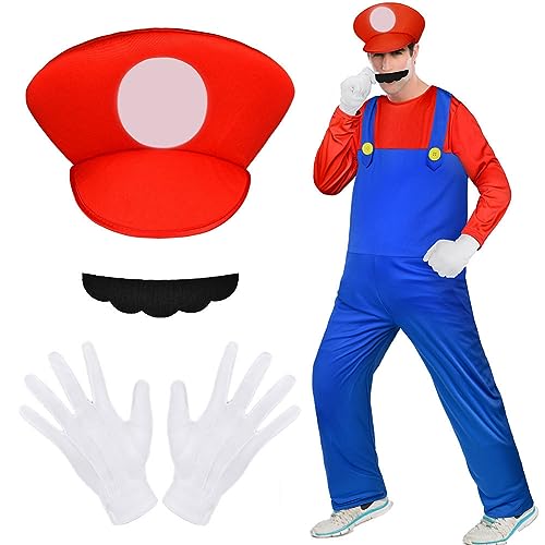 Aomig Kostüm, 4 Stück Luigi Bros Cosplay mit Mütze Hose Bart Handschuhe, Mario und Luigi Kostüm Set Männer Damen, Erwachsene Outfit für Weihnachten Karneval Faschingskostüme (Rot,L) von Aomig