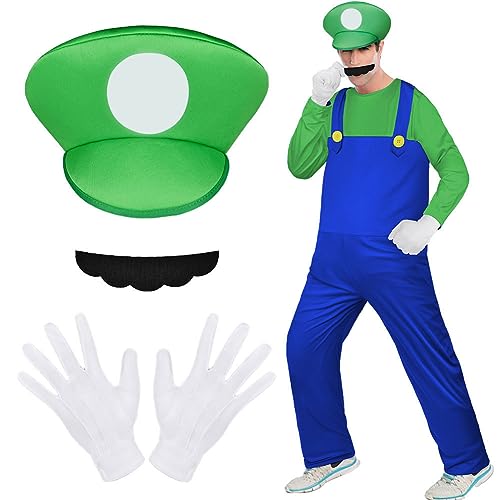 Aomig Kostüm Erwachsene, 4 Stück Bros Cosplay Kostüm mit Mütze Hose Bart Handschuhe, Kostüm Set Männer Damen, Erwachsene Outfit für Weihnachten Karneval Faschingskostüme (Grün,L) von Aomig