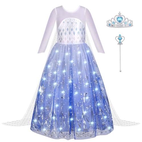 Aomig LED Kostüm Kinder Mädchen 5-teiliges Set Kleid Kinder mit Krone Diadem Zauberstab Girls Frozen Princess Costume für Weihnachten Verkleidung Karneval Halloween Geburtstag Party (100cm) von Aomig