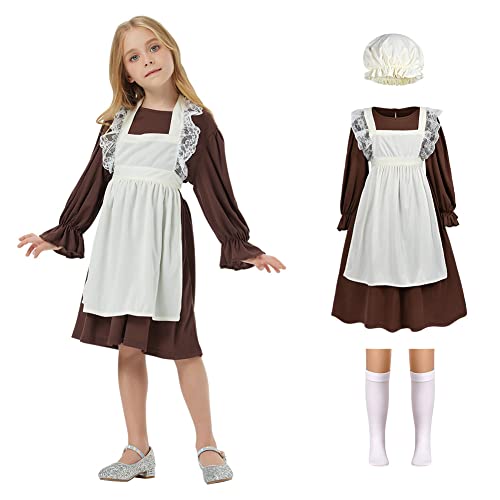 Aomig Maid Dress, Braun French Maid Outfit Viktorianisch für Mädchen, 4 Pcs Dienstmädchen Kostüm mit Stirnband Strümpfe und Weiße Schürze, Maid Kostüm Cosplay für Halloween Fasching Party(XL) von Aomig