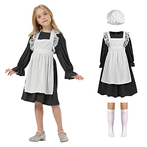 Aomig Maid Dress, Schwarz French Maid Outfit Viktorianisch für Mädchen, 4 Pcs Dienstmädchen Kostüm mit Stirnband Strümpfe und Weiße Schürze, Maid Kostüm Cosplay für Halloween Fasching Party(M) von Aomig