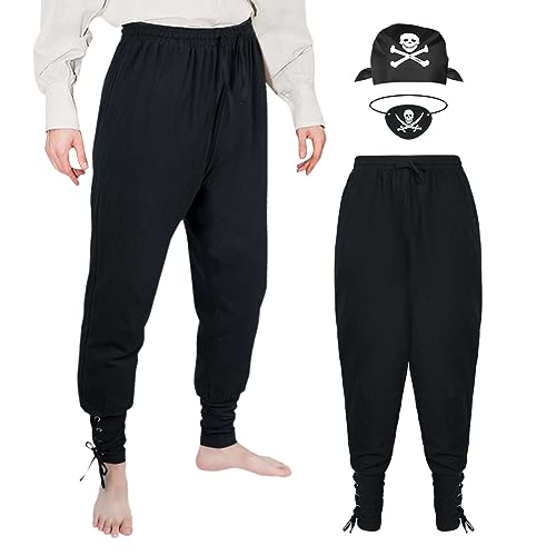 Aomig Mittelalter Hose Herren, Vintage Leinenhose Freizeithose mit Taschen und Schnürung, Mittelalter Kleidung Renaissance Piratenhose Cosplay Kostüm Lang Hose Herren （L） von Aomig