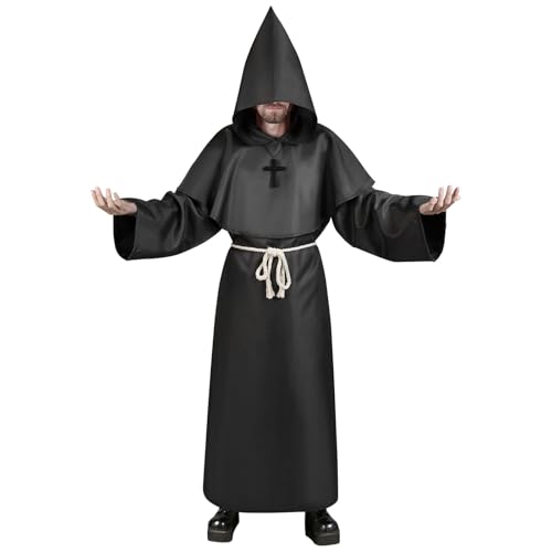 Aomig Mönch Robe Prister Gewand Männer, Mönchskutte Mittelalter Cape, Klassisches Mittelalterkostüm Hooded Renaissance Priester Robe Weihnachtsfeier Halloween Karneval Cosplay Kostüm (2XL, Schwarz) von Aomig