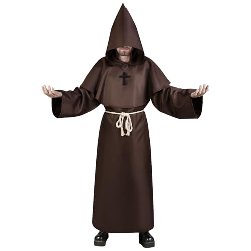 Aomig Mönch Robe Prister Gewand Männer, Mönchskutte Mittelalter Cape, Klassisches Mittelalterkostüm Hooded Renaissance Priester Robe Weihnachtsfeier Halloween Karneval Cosplay Kostüm (2XL, Braun) von Aomig