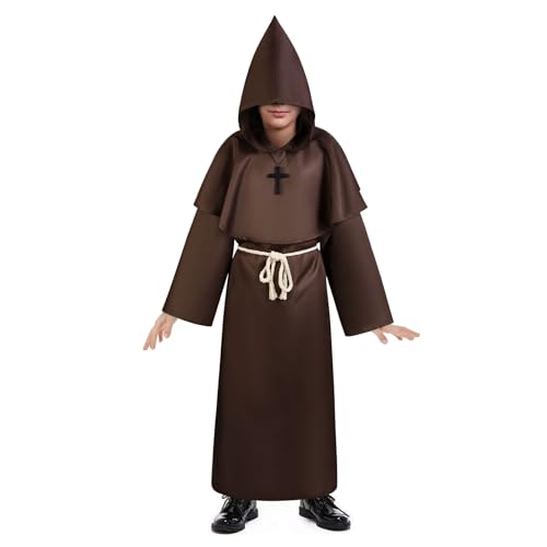 Aomig Mönch Robe Prister Gewand für Kinder, Mönchskutte Mittelalter Cape, Klassisches Mittelalterkostüm Hooded Renaissance Priester Robe Weihnachtsfeier Halloween Karneval Cosplay Kostüm (130, Braun) von Aomig