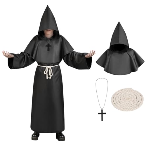 Aomig Mönch Robe Prister Gewand für Kinder, Mönchskutte Mittelalter Cape, Klassisches Mittelalterkostüm Hooded Renaissance Priester Robe Weihnachtsfeier Halloween Karneval Cosplaykostüm (130, Schwarz) von Aomig