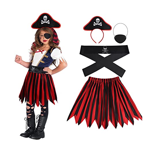 Aomig Piratenkostüm Kinder, 4 Pcs Piraten Kostüm Piratengürtel Piratenhut Damen Kinder Pirat Augenklappe Piratentuch, Piratenkostüm Mädchen Piraten Fairy Dress Verkleidung für Halloween Karneval (L) von Aomig