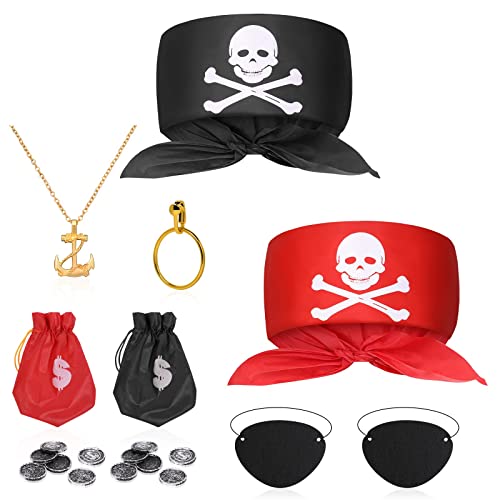 Aomig Piratenkostüm Zubehör, 8 Pcs Piratenparty Deko mit Pirat Augenklappe Headband Ohrringe Geldbörsen Halskette, Piraten-Rollenspiel-Kits für Karneval Verkleidung Cosplay Halloween von Aomig