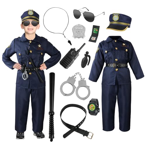 Aomig Polizei Kostüm Kinder 13 Stück Polizeikostüm Set mit Polizei-Hut Gürtel Handschellen Polizeizubehör Deluxe Polizistenkostüm für Jungen Kostüm Kind Verkleidung für Halloween Festival Cosplay (L) von Aomig