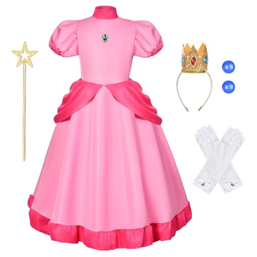 Aomig Prinzessin Mädchen Kostüm 5Teiliges Set Costume for Girls Rosa Kleid Kinder Kostüm Krone Diadem Zauberstab Handschuhe Ohrringe Princess Kostüm Verkleidung Karneval Halloween Geburtstag Party 130 von Aomig