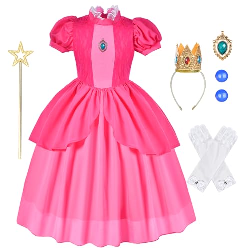 Aomig Prinzessin Peach Kostüm, 6-Teiliges Rosa Peach Kostüm Prinzessinnenkostüm mit Krone, Ohrringen, Handschuhen, Brosche und Zauberstab, Geeignet für Princess Peach Showtime an Halloween(100) von Aomig