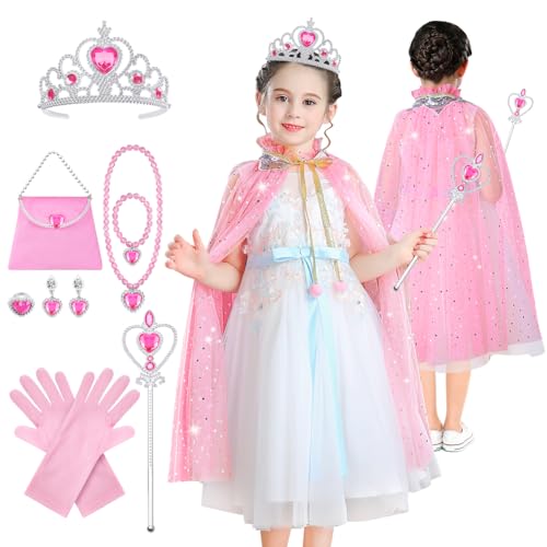 Aomig Prinzessin Umhang Set, 11 Stück Prinzessinnen Umhang Kleidung mit Krone Zauberstab Schmuck Tasche, Verkleidung Mädchen Prinzessin Party Kostüm Karneval Cosplay Halloween Kostüm von Aomig