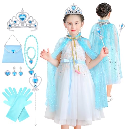 AOMIG Prinzessin Umhang Set, 11 Stück Prinzessinnen Umhang Kleidung mit Krone Zauberstab Schmuck Tasche, Verkleidung Mädchen Prinzessin Party Kostüm Karneval Cosplay Halloween Kostüm von Aomig