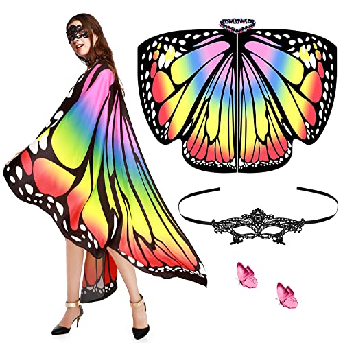 Aomig Schmetterling Kostüm Damen, Schmetterlingsflügel Erwachsene Frauen mit Maske, Bunter Schmetterling Umhang Schal Flügel Nymphe Pixie Kostüm für Halloween Party Weihnachten Cosplay Karneval von Aomig