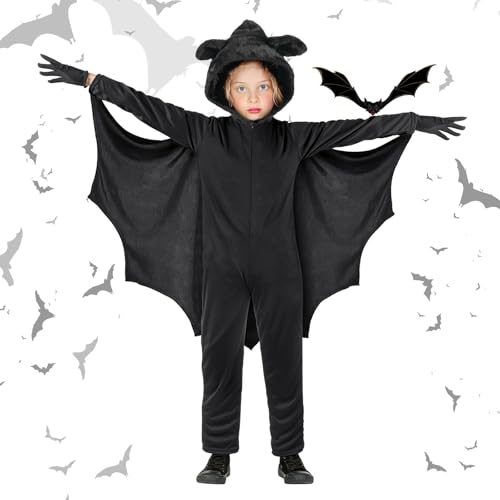 Aomig Schwarz Bat Cape, Bat Costume Kids Fledermaus Umhang Fledermaus Handschuhe, Halloween Kostüm Fledermaus Kinder Mädchen Junge Faschingskostüme Karneval Cosplay Vampir Fledermaus Cape Kostüm L von Aomig