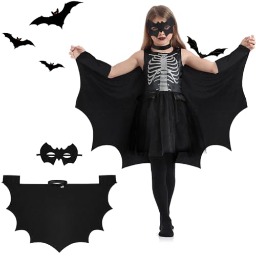 Aomig Schwarz Bat Cape Bat Costume Kids kurzer Fledermaus Umhang Kapuzenumhang Halloween Kostüm Fledermaus Kinder Mädchen Junge Faschingskostüme Karneval Cosplay Vampir Fledermaus Cape Kostüm 60*115cm von Aomig