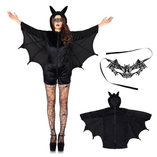 Aomig Schwarz Bat Cape für Erwachsene Bat Costume Fledermaus Umhang Fledermaus Handschuhe Halloween Kostüm-Mäntel Fledermaus Damen Herren Faschingskostüme Karneval Cosplay Vampir Fledermaus Cape (2XL) von Aomig