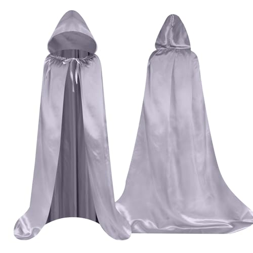 Aomig Schwarzer Umhang Vampir Umhang Jedi Mantel Mittelalter Umhang mit Kapuze für Erwachsene Unisex Scream Kinder Cape Kostüm Halloween Costume Maskerade Familienfeier Karneval Cosplay (Silber-150cm) von Aomig