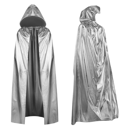 Aomig Silber Umhang Vampir Umhang Jedi Mantel Mittelalter Umhang mit Kapuze Erwachsene Unisex Scream Kinder Cape Kostüm Damen Halloween Costume Maskerade Familienfeier Herren Karneval Cosplay-150cm von Aomig