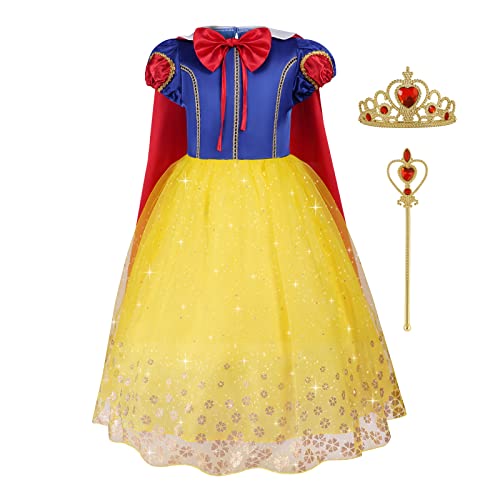 Aomig Weißer Schnee Prinzessin Kostüm Kinder, 4-teiliges Set Mädchen Kleid mit Krone und Zauberstab, Cosplay Lang Kleidung für Karneval Verkleidung Halloween Geburtstag Party (100cm) von Aomig