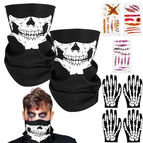 Aoreun 2 Stück Motorrad Totenkopf Maske, Skelett Maske mit 2 Paar Skelett Handschuhe + Tattoo-Aufkleber, Halloween Skelett Kostüm Set für Fasching,Karneval,Halloween Party Cosplay,Damen & Herren von Aoreun