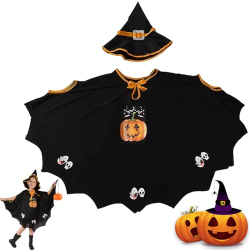 Aoreun Halloween Kostüm Kinder, Fledermaus Umhang Kostüm Fledermaus Umhang mit Hut Witch Halloween Kostüm mit Kürbis Candy Bag für Halloween, Fasching, Karneval, Bühnenperformance für Höhe 90-150cm von Aoreun