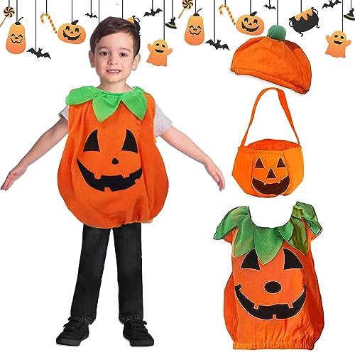 Aoreun halloween Kürbis Kostüm kinder, Kinder Halloween Kürbis Kostüm mit Kürbiskorb und Hut, halloween süssigkeiten beutel Karneval Fasching Kostüme Cosplay Bekleidung mädchen jungen（M-Code） von Aoreun