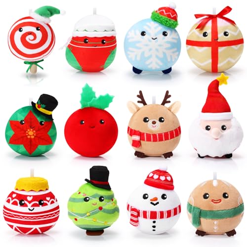 Aoriher 12 Stück Weihnachten Plüsch Ornamente 8 cm Plüsch Spielzeug Set Weihnachtsmann Elch Schneemann Lebkuchenmann Weihnachtsbaum Schneeball Schneeflocke Puppen Geschenkbox für Party Geschenke von Aoriher