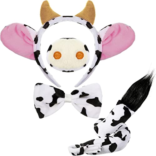 Aoriher 4 Stück Kuh Kostüm Set Ohren Hörner Stirnband Kuh Nase Fliege und Schwanz Kuh Kleid Kostüm Set Zubehör für Kinder Halloween Karneval Welttag des Buches Cosplay von Aoriher