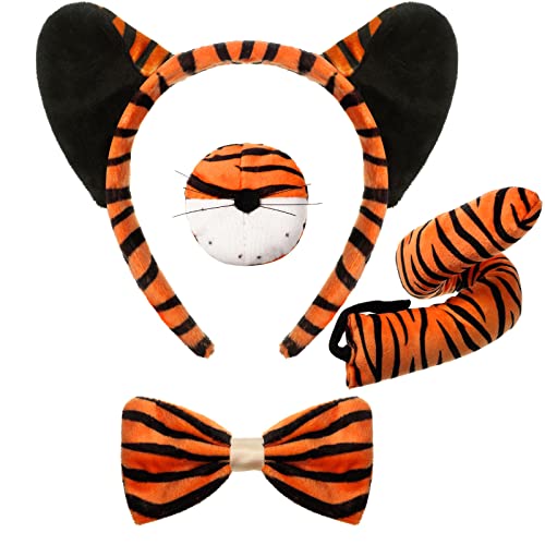 Aoriher 4 Stück Tiger Kostüm Set Tigerohre Stirnband Schwanz Nase Fliege Tier Kostüm für Halloween Cosplay Party(Vivid Style) von Aoriher