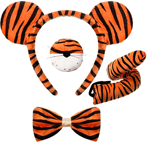 Aoriher 4 Stück Tiger Kostüm Set Tigerohre Stirnband Schwanz Nase Fliege Tier Kostüm für Halloween Cosplay Party(Netter Stil) von Aoriher