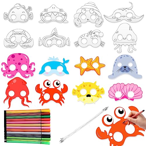 Aoriher 40 Stück Meerestiere Masken zum Ausmalen mit Aquarellstifte Ozeantiere Papiermasken Bastelset Unterwasser Party Blanko Bemalen Masken DIY Masken für Kinder Meeresthema Party Aktivität Kostüm von Aoriher