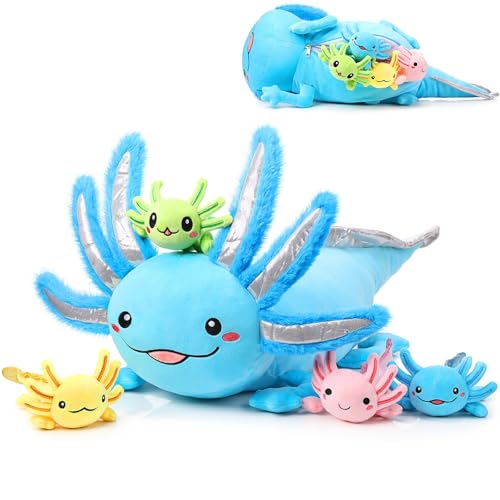 Aoriher 5 Stück Axolotl Plüschtiere Set 60 cm Mama Axolotl Stofftier mit 4 Süßen Plüsch Babys im Bauch Weiches Flauschiges Axolotl Kuscheltier für Jungen Mädchen Geburtstag Party Geschenk(Blau) von Aoriher