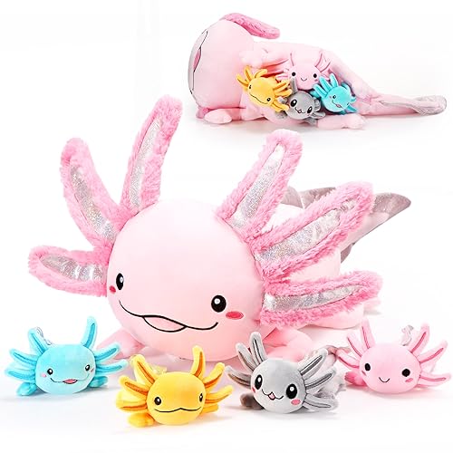 Aoriher 5 Stück Axolotl Plüschtiere Set 60 cm Mama Axolotl Stofftier mit 4 Süßen Plüsch Babys im Bauch Weiches Flauschiges Axolotl Kuscheltier für Jungen Mädchen Geburtstag Weihnachten Party Geschenk von Aoriher