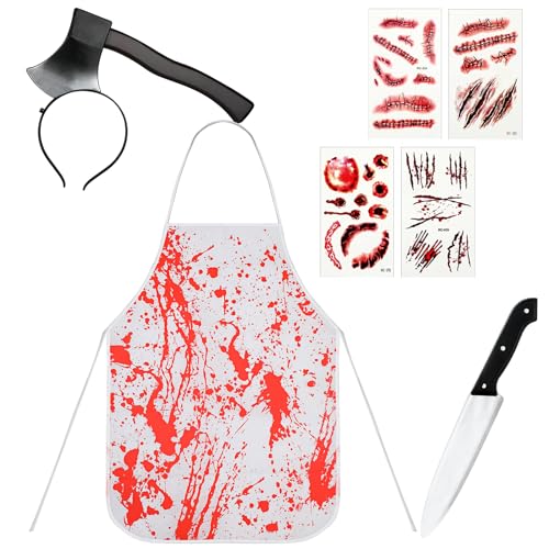 Aoriher 7 Stück Halloween Blutige Kostüme für Männer, mit Blutige Schürze Blutspritzer Gefälschtes Blutiges Messer Axt Stirnband Gefälschte Narben Tattoos für Halloween Cosplay von Aoriher