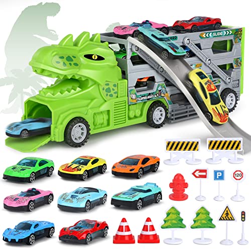 Aoskie Autotransporter Spielzeug für 3 4 5 Jahre, Dinosaurier Rampen LKW für Jungen mit 8 Mini Autos 1 Straßenkarte Zubehör Geschenkset für Kinder von Aoskie