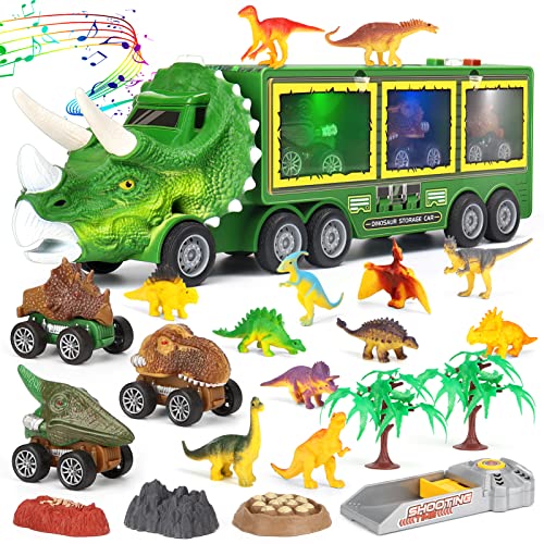 Aoskie Dinosaurier Spielzeug ab 3 4 5 Jahre, 23 Stück Truck Spielzeug mit Lichtern und Tönen, 3 Spielzeugautos, 12 Dinosaurier Figuren für Kinder von Aoskie