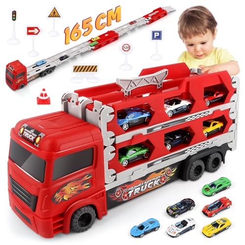 Aoskie Transport Truck Spielzeugautos für Jungen im Alter von 3, 4, 5, 6 Jahren, tragbares Rennbahn Truck Spielzeugauto mit 6 Rennautos, Transporter Fahrzeug Spielzeug Set für Kinder von Aoskie