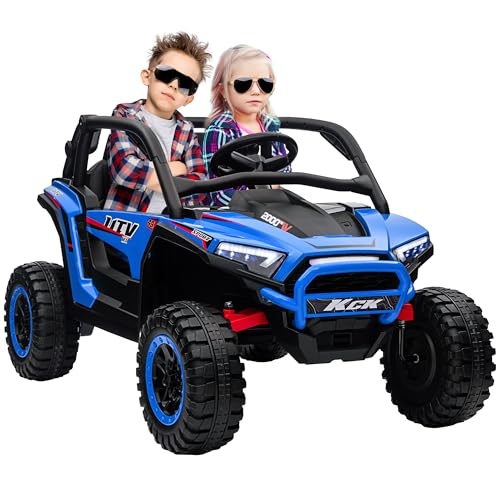 AIYAPLAY Kinder Elektroauto 2-Sitzer SUV 24V, Kinder Elektroauto 3-8 Jahre mit integrierter Musik, Hupe, Licht und Fernbedienung, Geschwindigkeit 5-7km/h, Blau von Aosom Italy