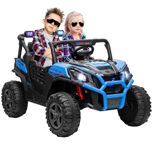 AIYAPLAY Kinder Elektroauto 3-8 Jahre 24V Off-Road 2-Sitzer, 3-8km/h Elektroauto für Kinder mit 2 Motoren, Federung, Fernbedienung, Musik, Scheinwerfer, Gurt und Hupe, Blau von Aosom Italy