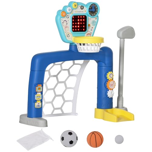 AIYAPLAY Kinderspiel mit Fußballnetz, Verstellbarer Basketballkorb und Golfloch mit elektronischer Anzeigetafel, PP und ABS Fußballnetz, 54x38,8x60,4-68 cm, Multicolor von Aosom Italy